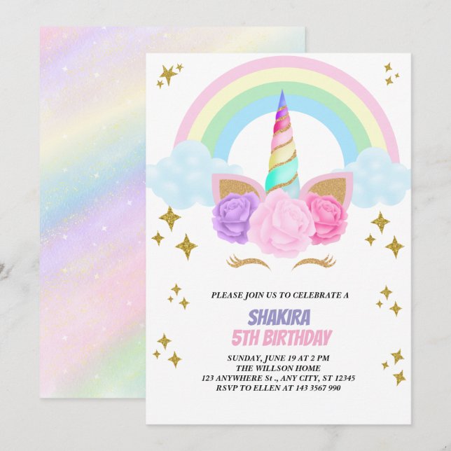 Invitación Cumpleaños de Unicornio (Anverso / Reverso)