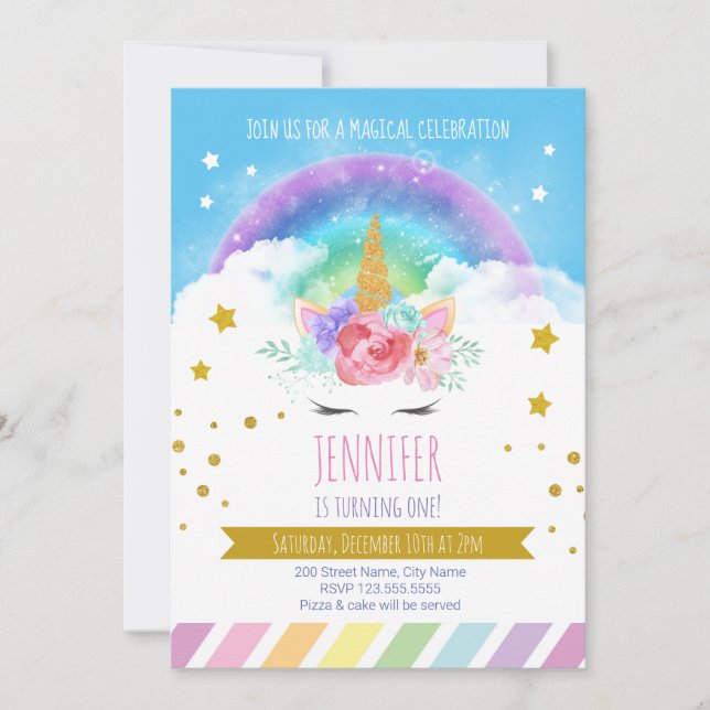 Invitación Cumpleaños de Unicornio (Anverso)