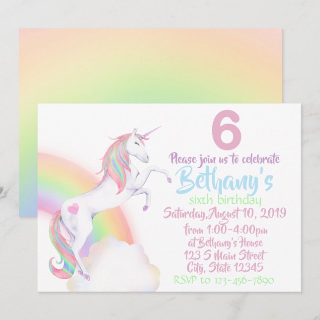 Invitación Cumpleaños de Unicornio (Anverso / Reverso)