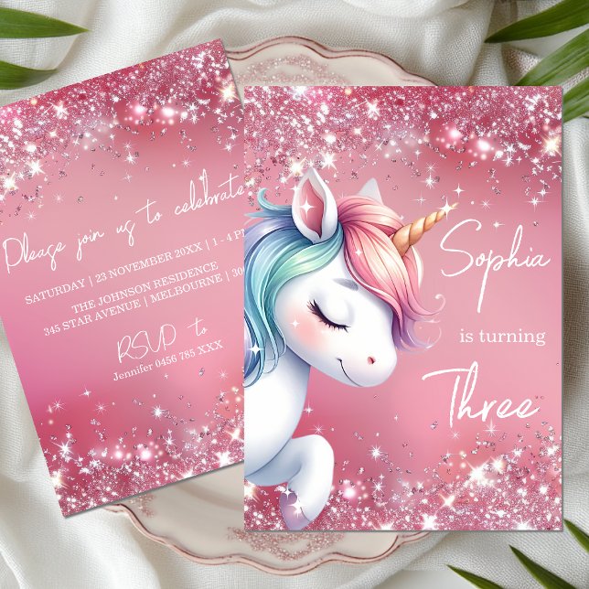 Invitación Cumpleaños de Unicornio Arcoíris con Brillo Rosa (Subido por el creador)