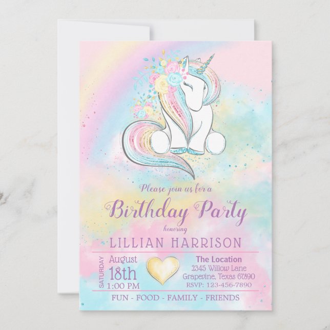 Invitación Cumpleaños de Unicornio Arcoíris de Cualquier Núme (Anverso)