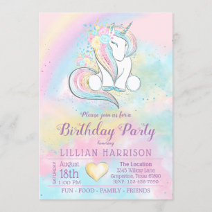 Invitación Cumpleaños de Unicornio Arcoíris de Cualquier Núme
