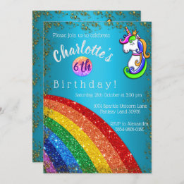 Invitación Cumpleaños de Unicornio azul con luz arcoiris purp