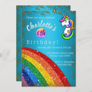 Invitación Cumpleaños de Unicornio azul con luz arcoiris purp