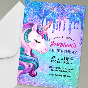 Invitación Cumpleaños de unicornio azul púrpura adorable con 