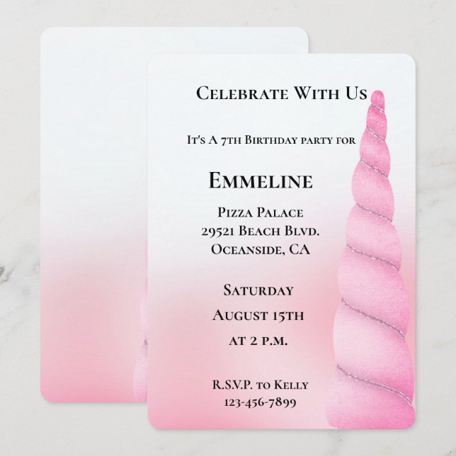Invitación Cumpleaños de Unicornio Blanco y Girly Sweet (Anverso / Reverso)