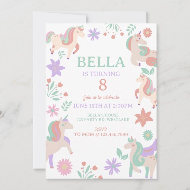 Invitación Cumpleaños de Unicornio, celebración mágica, (Anverso)
