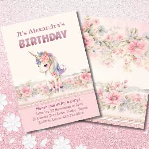 Invitación Cumpleaños de Unicornio, Chica de las flores rosad