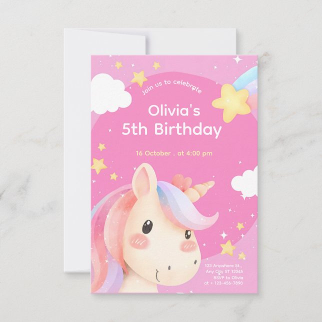 Invitación Cumpleaños de Unicornio con Acuarela Rosa (Anverso)