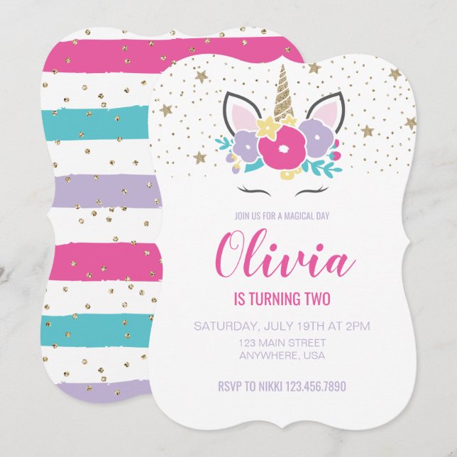 Invitación Cumpleaños de Unicornio con Brillo Rosa y Dorado (Anverso / Reverso)