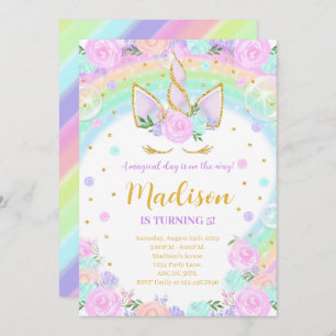 Invitación Cumpleaños de Unicornio con flor arcoiris