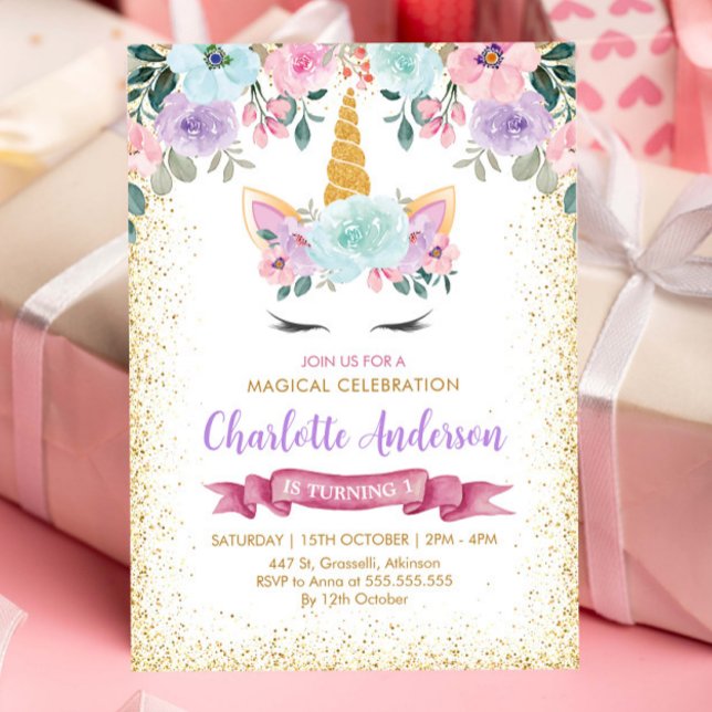 Invitación Cumpleaños de Unicornio con Flor Púrpura Rosa Purp (Subido por el creador)