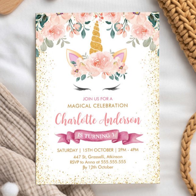 Invitación Cumpleaños de Unicornio con Floral de Peach Verde  (Subido por el creador)