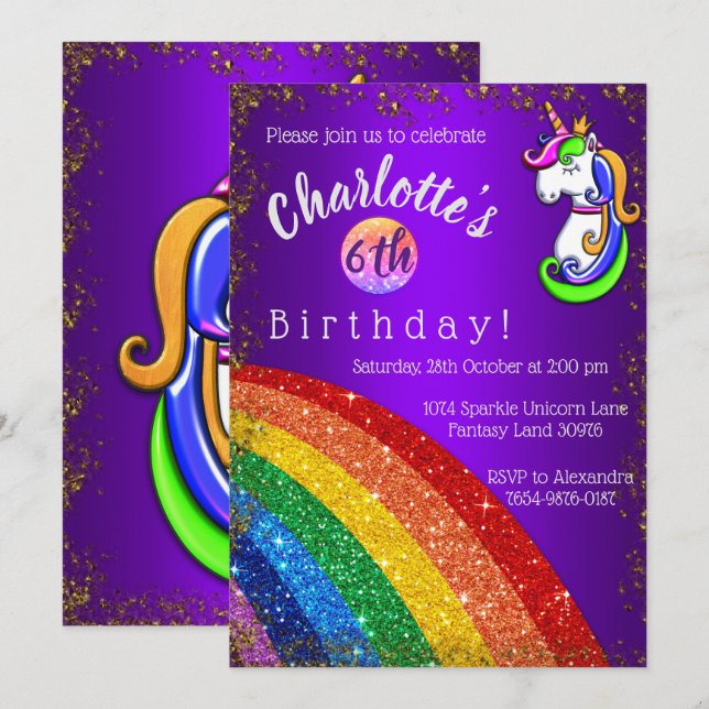 Invitación Cumpleaños de Unicornio con púrpura y Purpurina de (Anverso / Reverso)