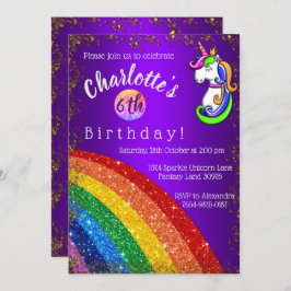 Invitación Cumpleaños de Unicornio con púrpura y Purpurina de