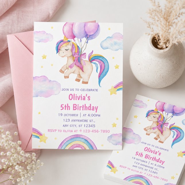 Invitación Cumpleaños de Unicornio de Acuarela Adorable (Subido por el creador)
