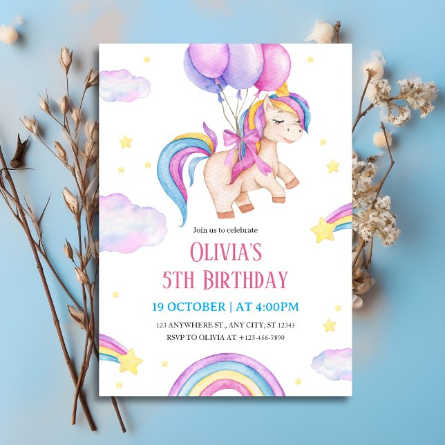 Invitación Cumpleaños de Unicornio de Acuarela y Arcoíris (Watercolor Unicorn & Rainbows Birthday Invitation
)