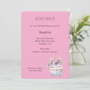 Invitación Cumpleaños de Unicornio de Cupcake Floral Rosa
