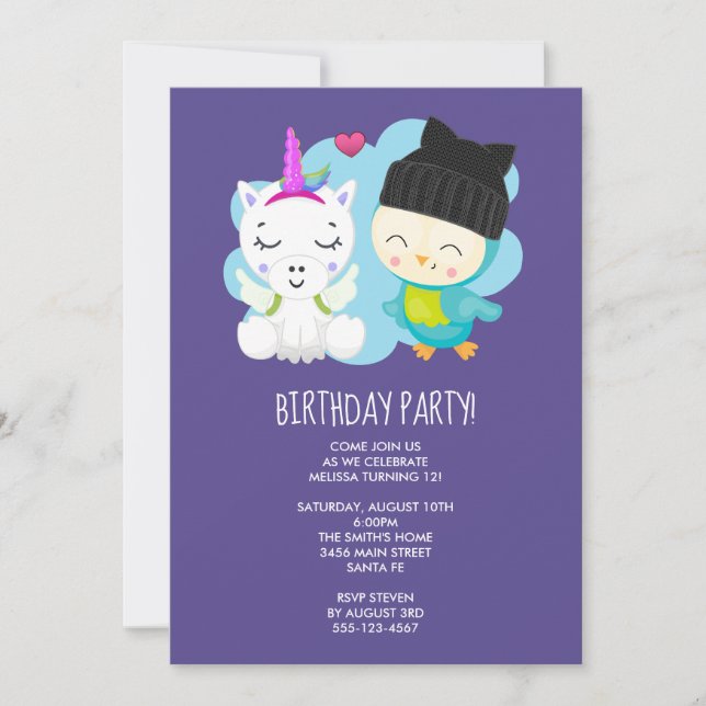 Invitación Cumpleaños de Unicornio de Dibujos Animados y Paja (Anverso)
