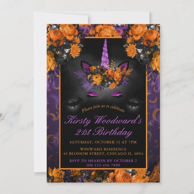 Invitación Cumpleaños de unicornio de flores de Halloween ele (Anverso)