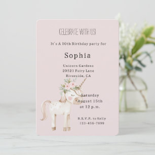Invitación Cumpleaños de Unicornio de Flores Rosa Pálido