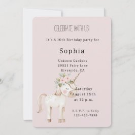 Invitación Cumpleaños de Unicornio de Flores Rosa Pálido