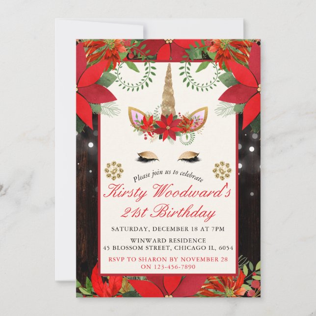 Invitación Cumpleaños de Unicornio de Navidad Poinsettia Eleg (Anverso)