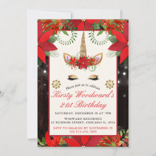 Invitación Cumpleaños de Unicornio de Navidad Poinsettia Eleg