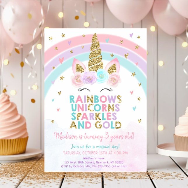 Invitación Cumpleaños de unicornio de oro rosa arcoiris (Subido por el creador)