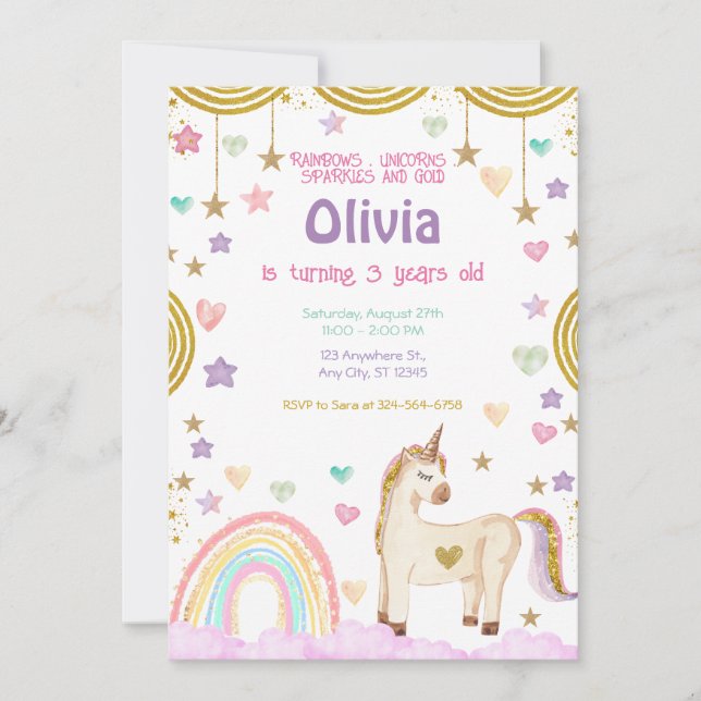 Invitación Cumpleaños de unicornio de oro rosa arcoiris (Anverso)