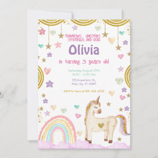 Invitación Cumpleaños de unicornio de oro rosa arcoiris