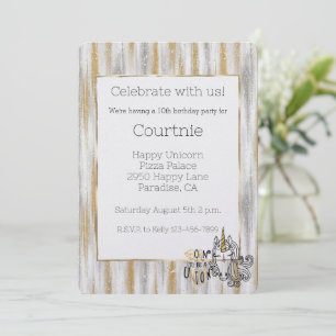 Invitación Cumpleaños de Unicornio de Plata con Glamour Dorad
