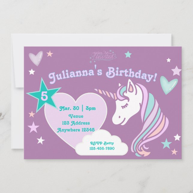Invitación Cumpleaños de Unicornio de Purpura Pastel Estrella (Anverso)