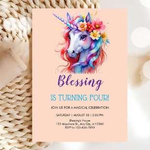 Invitación cumpleaños de unicornio en flor de bonito