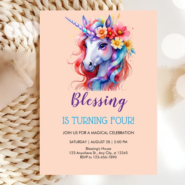 Invitación cumpleaños de unicornio en flor de bonito (Subido por el creador)