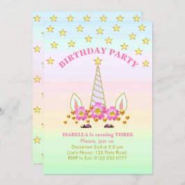 Invitación Cumpleaños de Unicornio, Estrellas, Flores y Confe