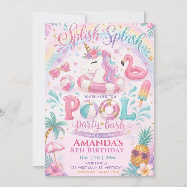 Invitación Cumpleaños de unicornio Float Splish Splash Piscin (Anverso)