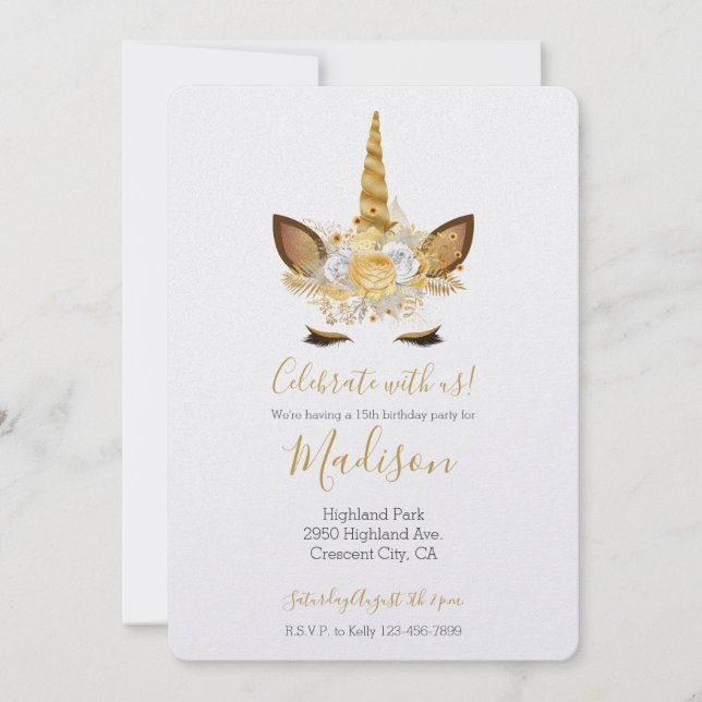 Invitación Cumpleaños de Unicornio floral de oro (Anverso)