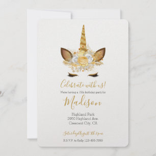 Invitación Cumpleaños de Unicornio floral de oro