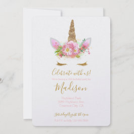 Invitación Cumpleaños de Unicornio floral dorada