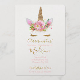 Invitación Cumpleaños de Unicornio floral dorada