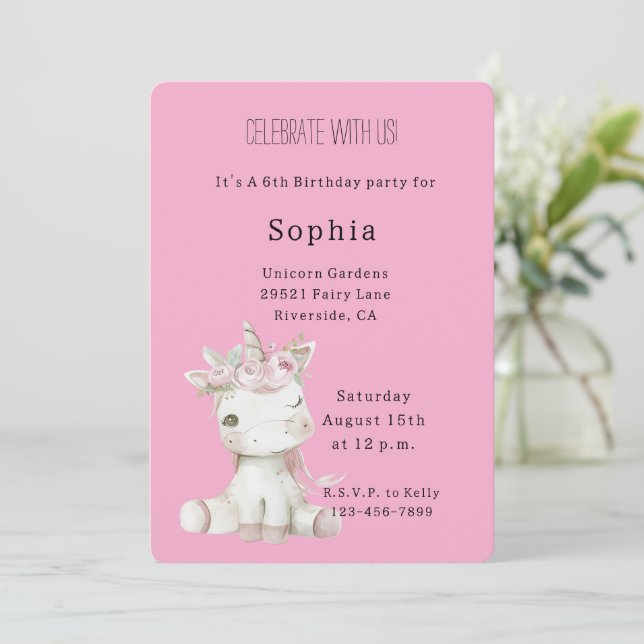 Invitación Cumpleaños de Unicornio Floral Rosa (Anverso de pie)