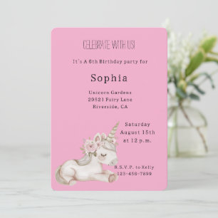 Invitación Cumpleaños de Unicornio Floral Rosa Bonito