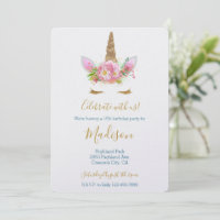 Cumpleaños de Unicornio Floral Rosa Pestañas Dorad