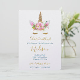 Invitación Cumpleaños de Unicornio Floral Rosa Pestañas Dorad