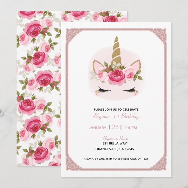 Invitación Cumpleaños de Unicornio Floral Rosas Dorado y Rosa (Anverso / Reverso)