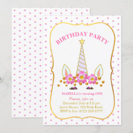 Invitación Cumpleaños de unicornio, flores y confeti