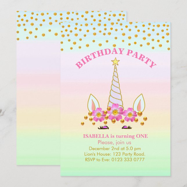 Invitación Cumpleaños de unicornio, flores y confeti (Anverso / Reverso)