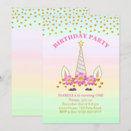 Invitación Cumpleaños de unicornio, flores y confeti