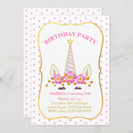Invitación Cumpleaños de Unicornio, Flores y Confetti